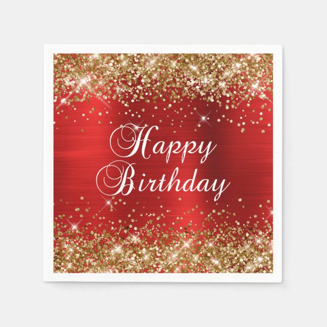 Gold Glitter Red Foil Happy Birthday Pappersservett (Framsidan)