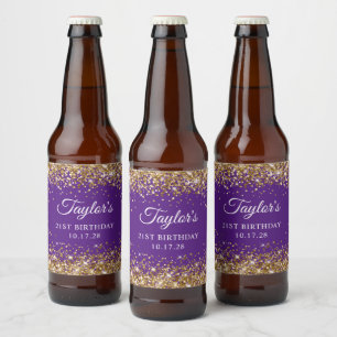 Gold Glitter Royal Purple 21st Birthday Ölflaska Etikett