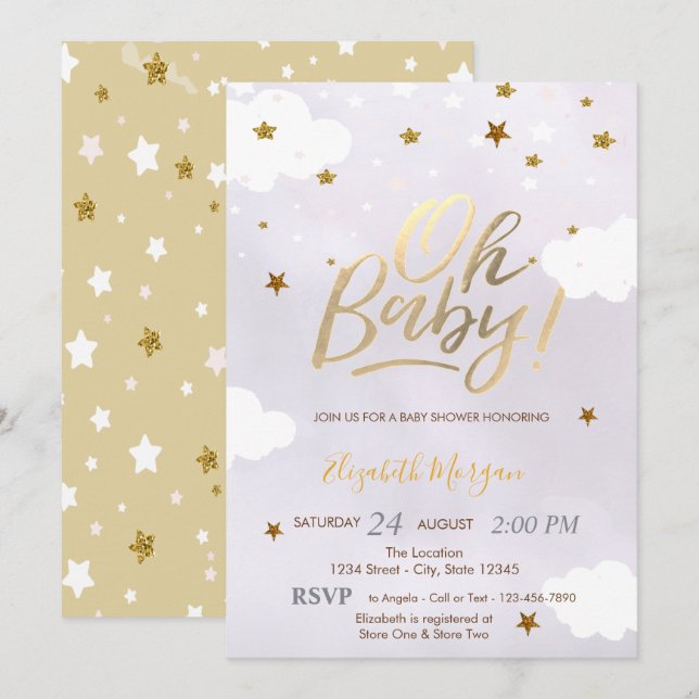 Gold Glitter Stars Clouds Lavender Baby Shower  Inbjudningar (Fram/baksida)