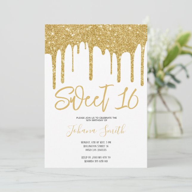 Gold Glitter Sweet Sixteen Girl Birthday Party Inbjudningar (Stående Fram)
