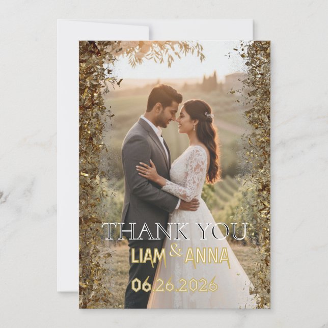 Gold Glitter Wedding Photo Thank You Card Tack Kort (Framsida)