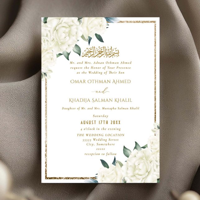 Gold Glitter White Floral Islamic Muslim Wedding Inbjudningar (Skapare uppladdad)
