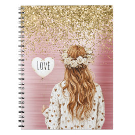 Gold Glitter White Hearts Balloon Red Head Female Anteckningsbok