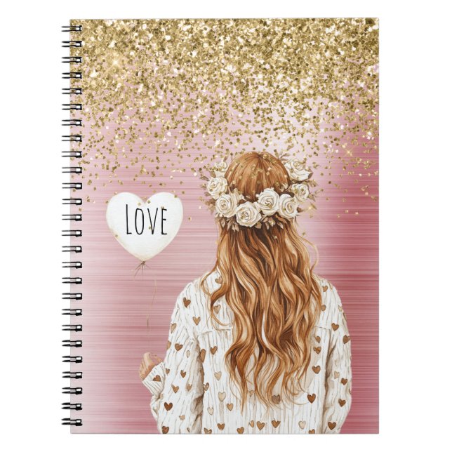 Gold Glitter White Hearts Balloon Red Head Female Anteckningsbok (Framsidan)