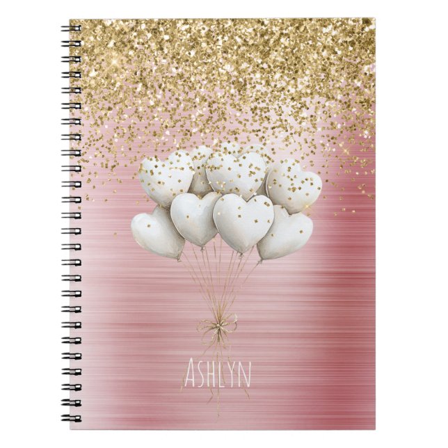 Gold Glitter White Hearts Balloons Anteckningsbok (Framsidan)