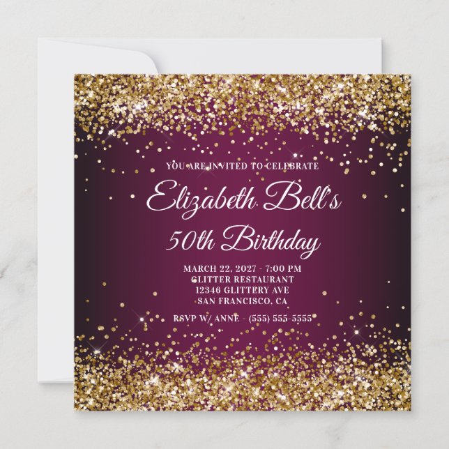 Gold Glitter Wine Dark Ombre 50th Birthday Inbjudningar (Framsida)