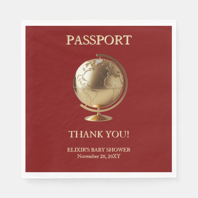 Gold Globe Passport Travel Baby Shower Pappersservett (Framsidan)