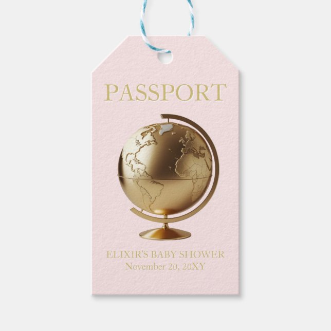 Gold Globe Passport Travel Baby Shower Presentetikett (Framsidan)
