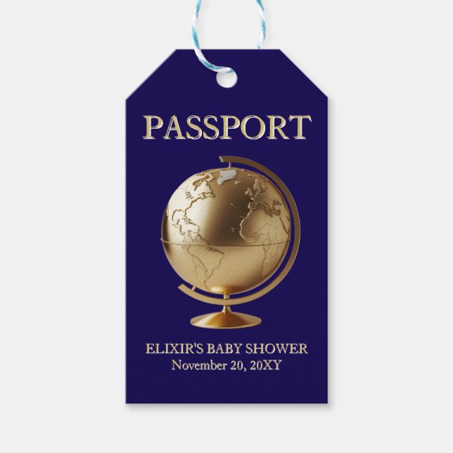 Gold Globe Passport Travel Baby Shower Presentetikett (Framsidan)
