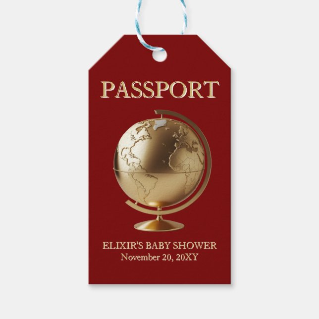 Gold Globe Passport Travel Baby Shower Presentetikett (Framsidan)