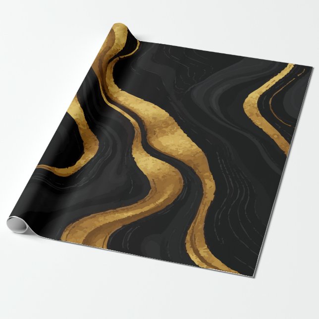 Gold Gradient Swirls on Black Pattern – Luxury Presentpapper (Utrullad)