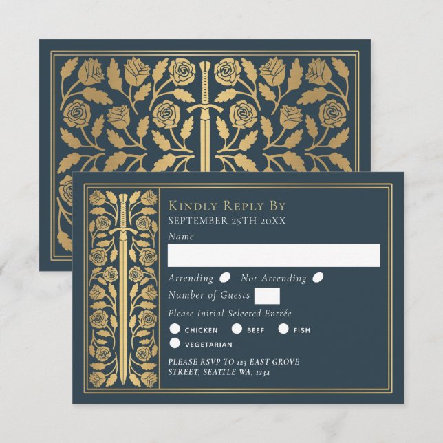 Gold Gray Medieval Sword Wedding RSVP OSA Kort (Fram/baksida)