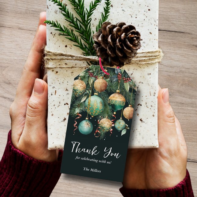 Gold Green Christmas Tree Ornaments Favor Presentetikett (Gold and green Christmas tree ornaments holiday thank you favor gift tags)