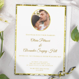 Gold Green Damask Wedding Inbjudningar