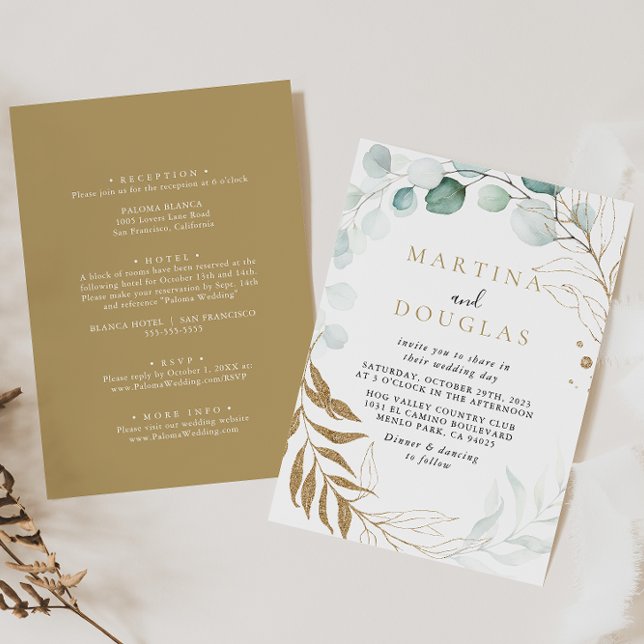 Gold Green Eucalyptus Back & Front Wedding   Inbjudningar (Skapare uppladdad)