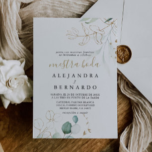 Gold Green Eucalyptus Calligraphy Nuestra Boda Inbjudningar