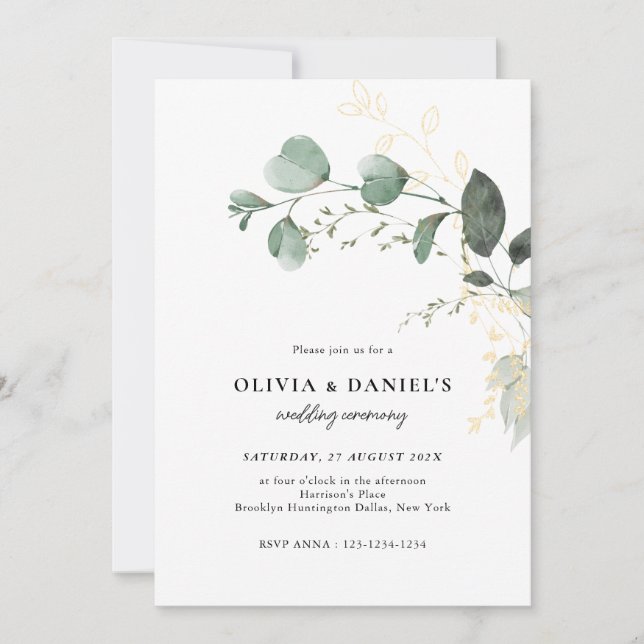 Gold & Green Eucalyptus Minimalist Wedding Inbjudningar (Framsida)