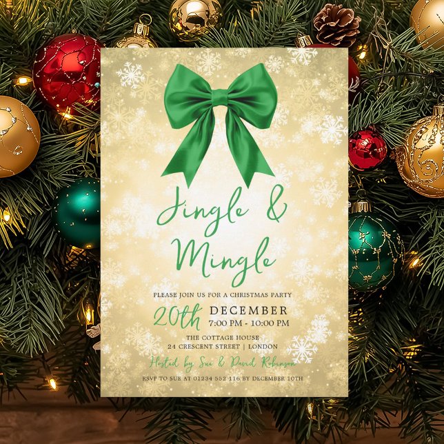 Gold Green Jingle Mingle Christmas Party Bow Snow  Inbjudningar (Gold Green Jingle Mingle Christmas Party Bow Snow Invitation)