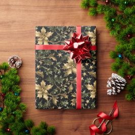 Gold & Green Leaves Wrapping Paper on Dark Back Presentpapper