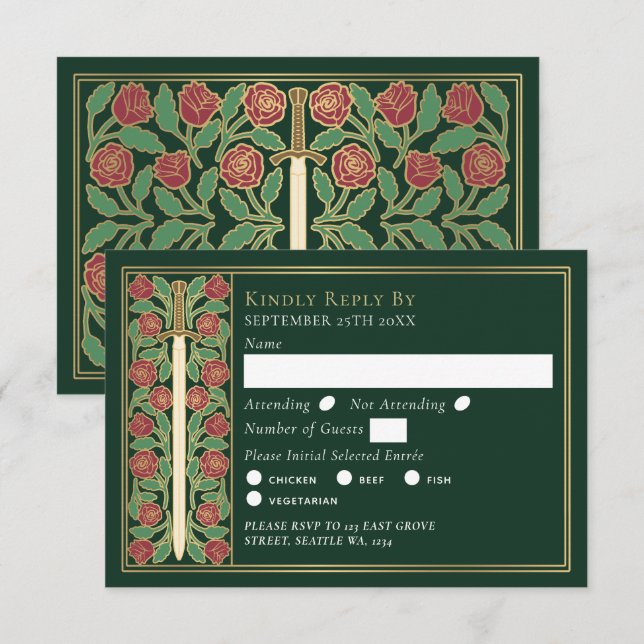 Gold Green Medieval Floral Sword Wedding RSVP OSA Kort (Fram/baksida)