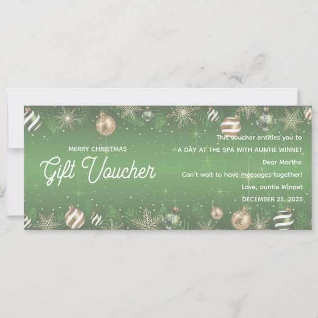 Gold & Green Ornament Christmas Gift Voucher (Framsida)