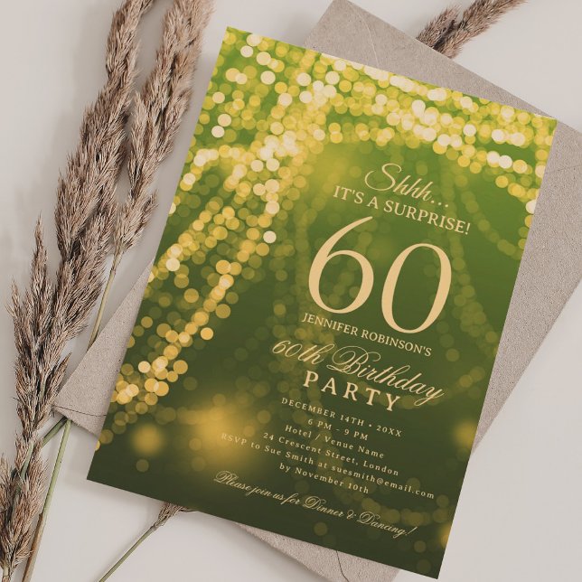 Gold Green | Överraskning 60-årsfest  Inbjudningar (Gold Green | Surprise 60th Birthday Party Invitation)