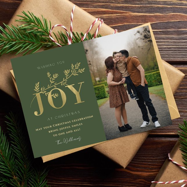 Gold & Green Typography Family Christmas Photo  Julkort (Skapare uppladdad)
