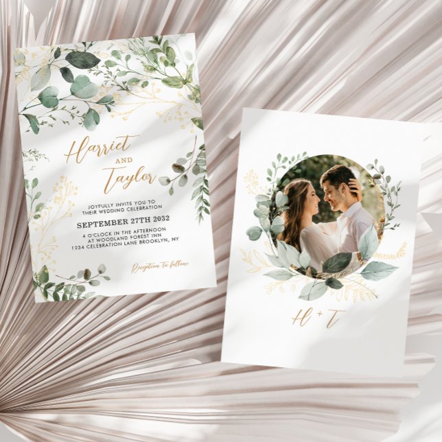 Gold Greenery Eucalyptus Photo Monogram Wedding  Inbjudningar (Skapare uppladdad)