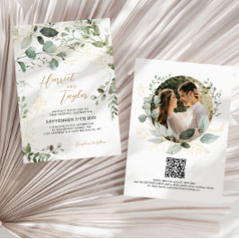 Gold Greenery Eucalyptus Photo QR Code Wedding  Inbjudningar