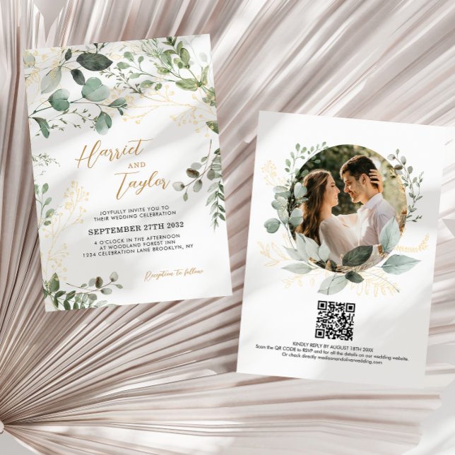 Gold Greenery Eucalyptus Photo QR Code Wedding  Inbjudningar (Skapare uppladdad)