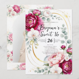 Gold Halo Garden Peonies & Orchids Floral Sweet 16 Inbjudningar