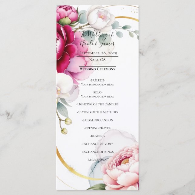 Gold Halo Garden Peonies & Orchids Wedding Program (Framsida)