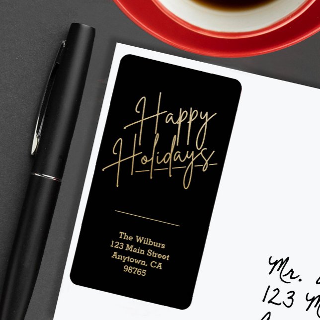 Gold Happy Holidays Black Return Address Adressetikett (Gold script Happy Holidays on black vertical return address labels)