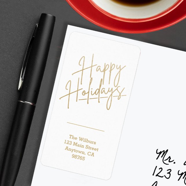 Gold Happy Holidays Return Address Adressetikett (Gold script Happy Holidays on white vertical return address labels)