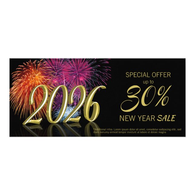 Gold Happy New Year 2026 Fireworks Discount Card Reklamkort (Framsidan)