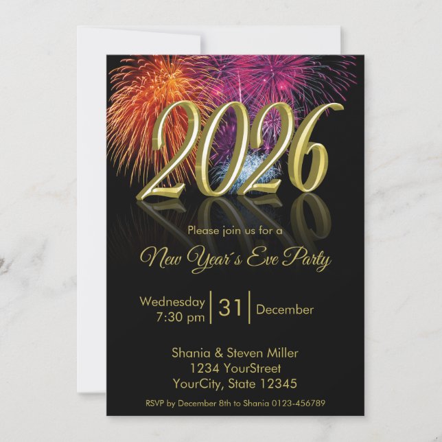 Gold Happy New Year 2026 Fireworks Invitation Inbjudningar (Framsida)