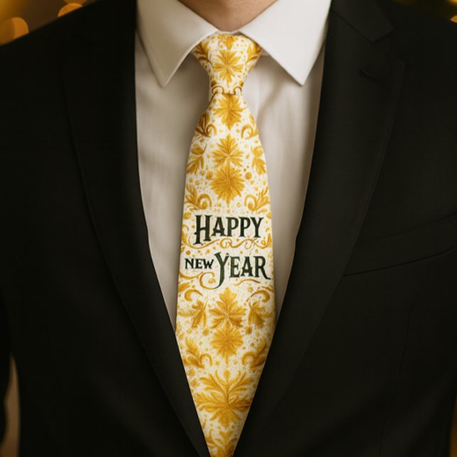 Gold Happy New Year  Slips (Holiday style, gold flourish Happy New Year tie for a well dressed man )