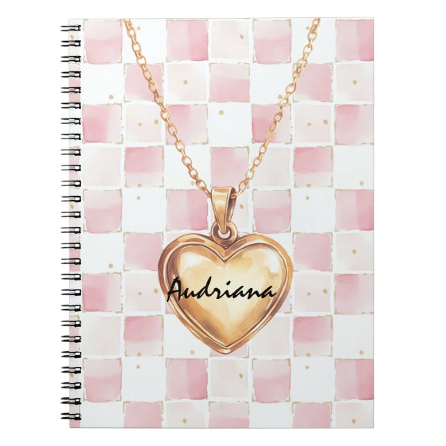 Gold Heart Necklace Pink White Squares Anteckningsbok (Framsidan)