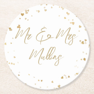 Gold Heart Wedding Coaster Underlägg Papper Rund