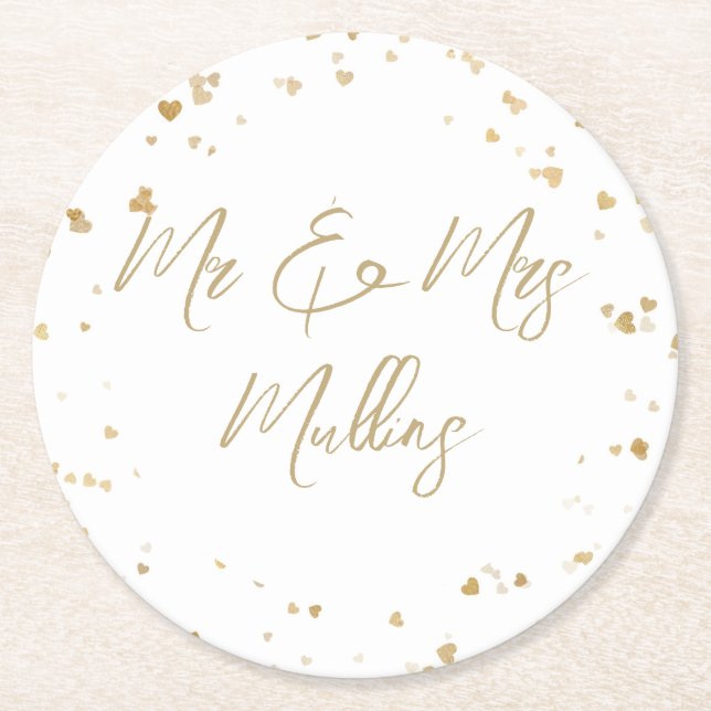 Gold Heart Wedding Coaster Underlägg Papper Rund (Framsidan)