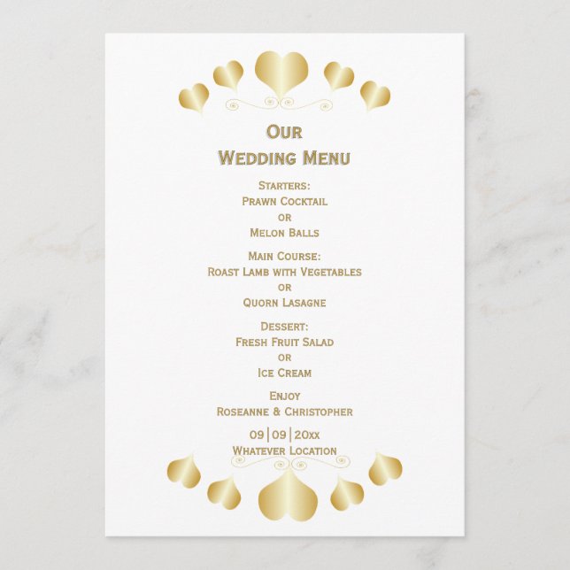 Gold Hearts Design Wedding Meny (Framsida)