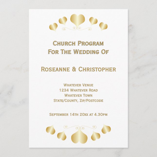 Gold Hearts Design Wedding Program (Framsida)