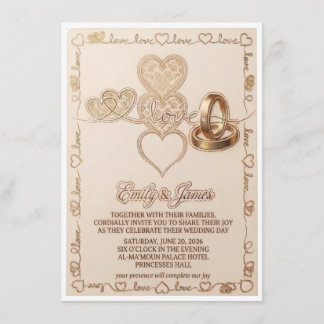 Gold Hearts & Wedding Rings Elegant Invitation Tilläggskort