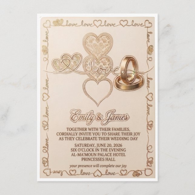 Gold Hearts & Wedding Rings Elegant Invitation Tilläggskort (Framsida)