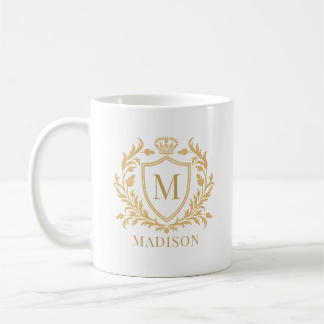 Gold Heraldic Crest Crown Monogram Kaffemugg (Vänster)