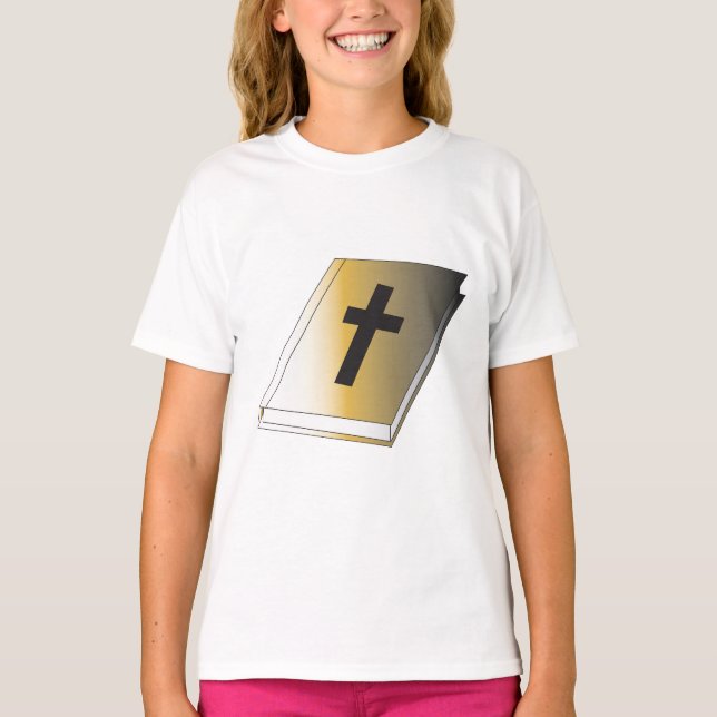 Gold Holy Bible with Black Cross Religious T Shirt (Framsida)