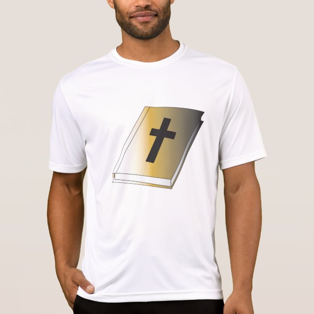 Gold Holy Bible with Black Cross Religious T Shirt (Framsida)