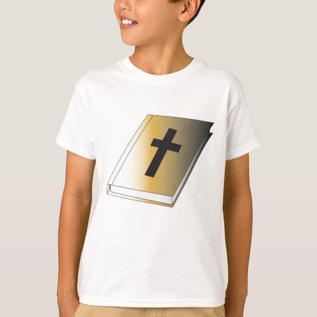 Gold Holy Bible with Black Cross Religious T Shirt (Framsida)