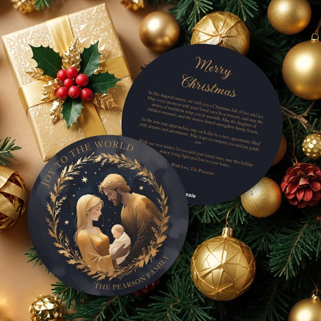 Gold Holy Family Nativity Exquisite Christmas  Julkort (Faux Gold Holy Family Nativity Exquisite Christmas Contemporary and Original Round Holiday Cards.)