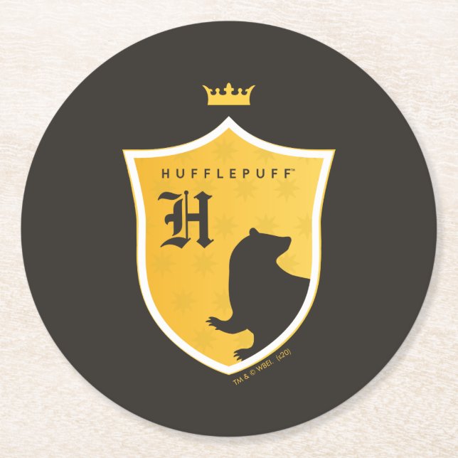 Gold HUFFLEPUFF™ Outlined Crowned Crest Underlägg Papper Rund (Framsidan)
